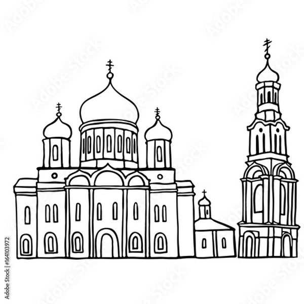 Obraz Black pen sketch of Russian orthodox church with belltower, Rostov-on-Don, Russia.. Vector illustration on white background.