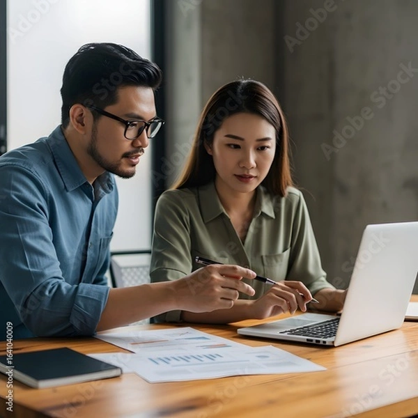 Obraz Colleagues collaborating on a project using a laptop in an office setting