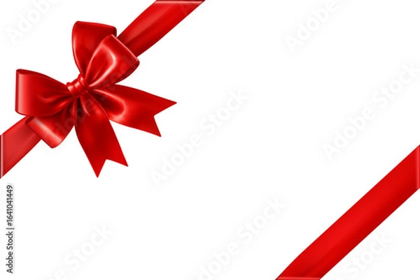 Fototapeta Shiny red ribbon with bow in corner isolated on white background.