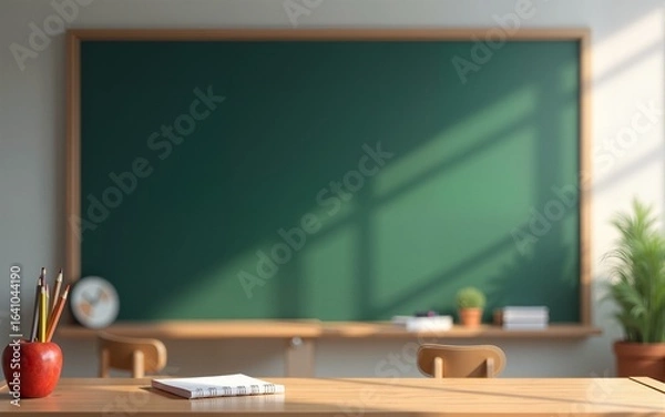 Fototapeta AI Generated blank blackboard with class table and stationery in classroom, back to school design concept. High quality