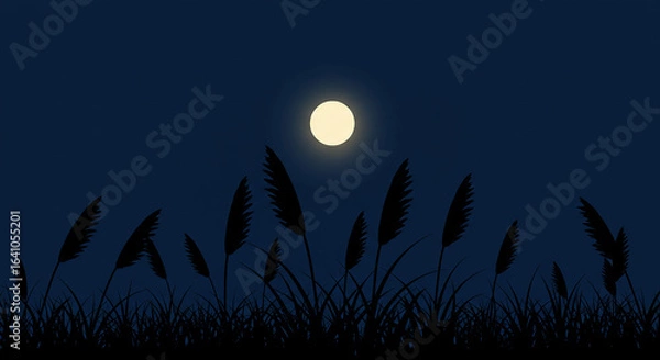 Obraz 夜空に浮かぶ満月とススキの群れ