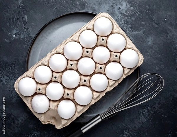 Fototapeta Eggs in carton with whisk (5)