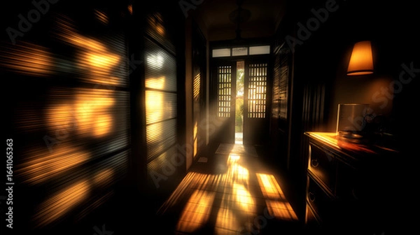 Fototapeta Warm Golden Light Streaming Through Dark Interior Doorway, motion blur Business concept, motion bokeh background