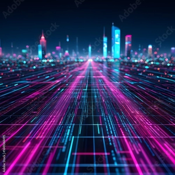 Obraz Futuristic Cityscape: Neon Data Stream, Abstract Technology Background, Dynamic Pink and Blue Hues.
