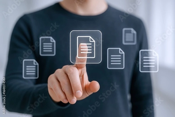 Fototapeta Digital Document Management Concept: Man Interacting with Virtual Files on Transparent Interface, Modern Technology