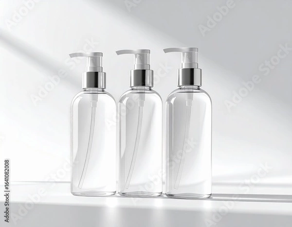Fototapeta Three Clear Cosmetic Bottles With Pumps On White Surface Under Subtle Light