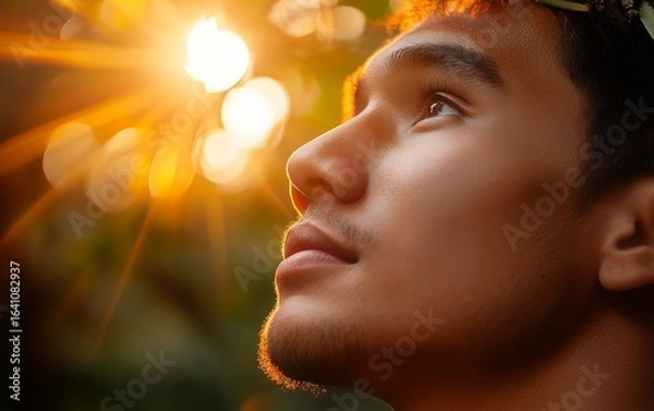 Obraz A man gazes upward, bathed in warm sunlight amidst a natural setting, reflecting tranquility