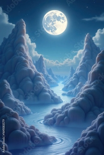 Fototapeta Dreamlike Celestial River Flowing Through Ethereal Cloud Mountains Under a Full Moon