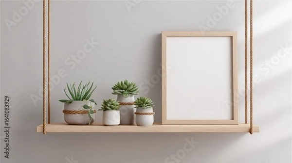 Fototapeta Minimalist Home Decor Mockup Featuring a Blank Frame and Succulents on a Wooden Shelf