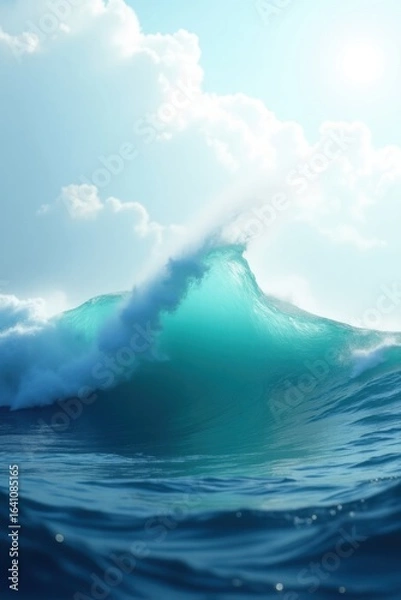 Fototapeta Majestic Ocean Wave Cresting Under a Bright Sunny Sky with Wispy Clouds