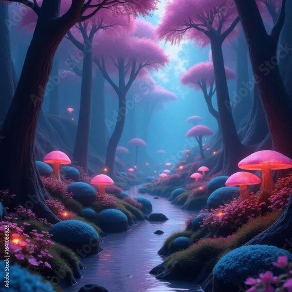 Fototapeta Enchanted forest glowing mushrooms and mystical stream under pink trees