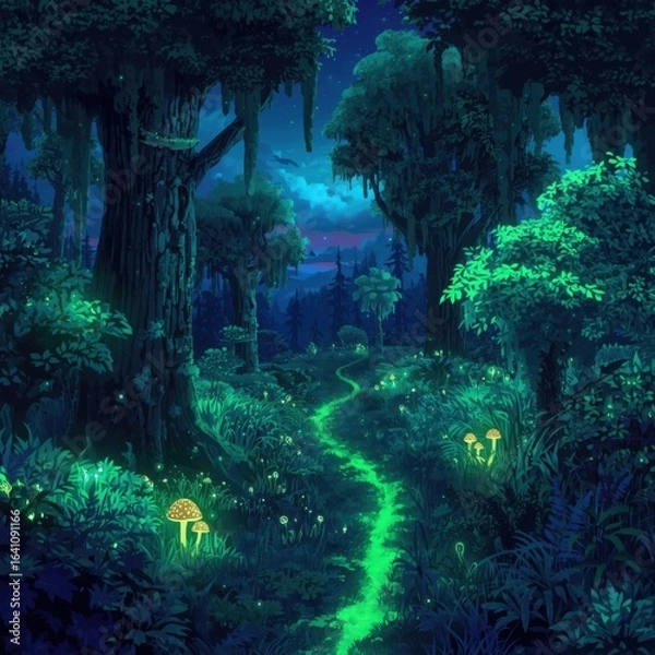Fototapeta Enchanted Forest Pathway Illuminated by Bioluminescent Flora and Gentle Moonlight