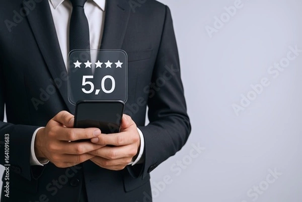 Fototapeta Customer Feedback Concept: Man Holding Smartphone Displaying Five Star Rating for Quality Service