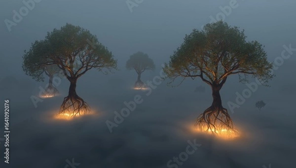 Fototapeta Enchanted Forest with Glowing Roots in Ethereal Fog