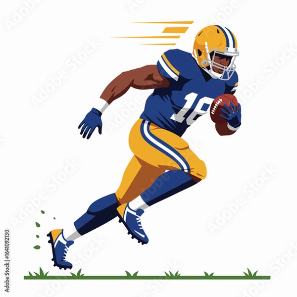 Fototapeta A football player in blue and yellow uniform runs with the ball, motion lines indicating speed and action.