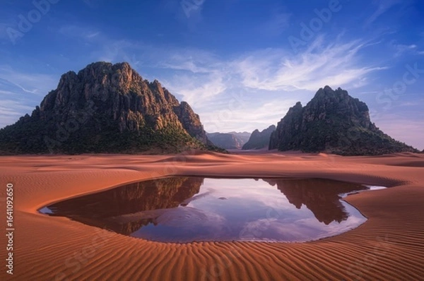 Fototapeta Vast Desert Landscape with Rugged Mountains and Reflecting Pool at Sunset