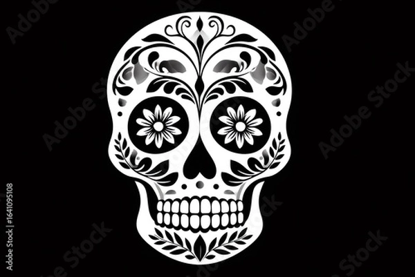 Fototapeta White calavera skull celebrating day of the dead on black background
