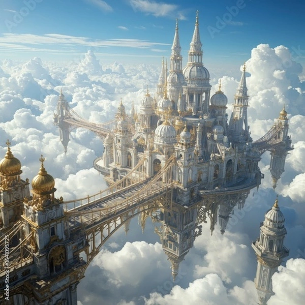 Fototapeta Majestic celestial castle floating among the clouds with intricate architecture and golden details