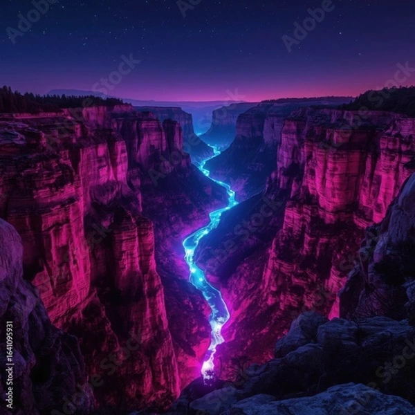 Fototapeta Enchanted canyon with a glowing neon river at twilight under a starry sky