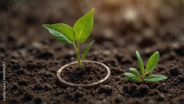 Obraz Seedling growing from coin shows financial growth and investment success. Generative AI