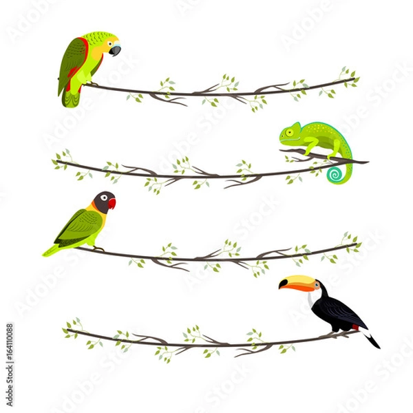 Obraz Set of garlands with tropical animals, parrot, chameleon, toucan, sitting on the branch on white background, vector illustration.