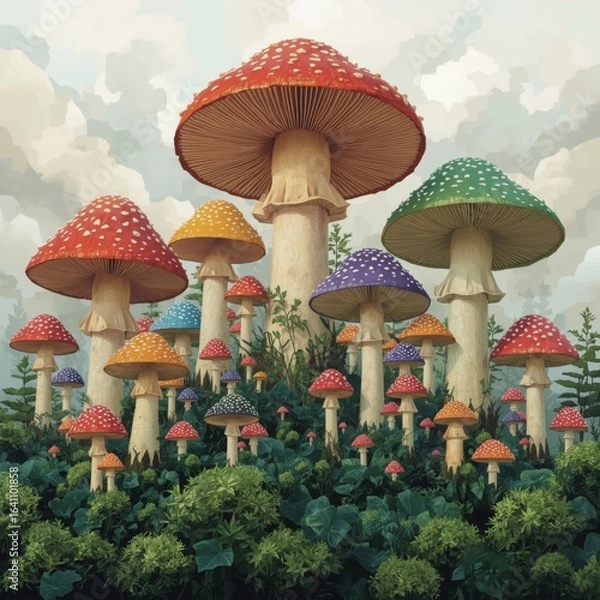 Fototapeta Enchanting forest clearing filled with vibrant colorful mushrooms under a cloudy sky