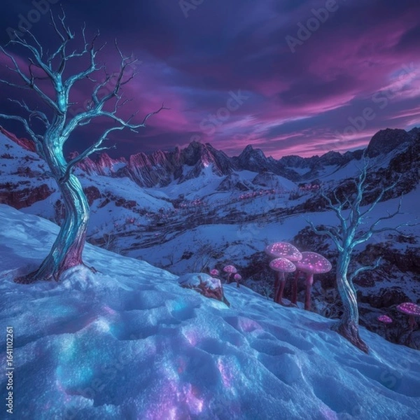Fototapeta Enchanting Winter Landscape with Bioluminescent Flora and Majestic Mountains Under a Twilight Sky