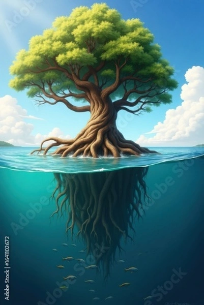 Fototapeta A Majestic Tree Growing On A Small Island Partially Submerged In The Ocean