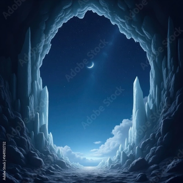 Fototapeta An otherworldly gateway opens to a celestial sky filled with stars and a crescent moon