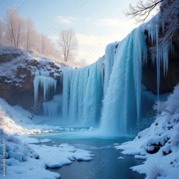 Fototapeta Spectacular frozen waterfall cascading down icy cliffs surrounded by winter snow and bare trees
