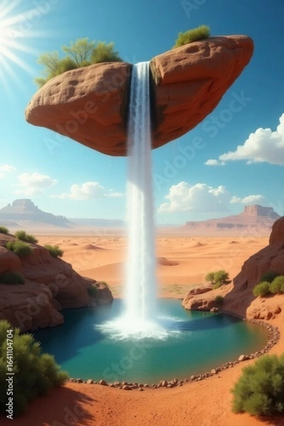 Fototapeta Surreal desert landscape with a floating rock waterfall creating an oasis