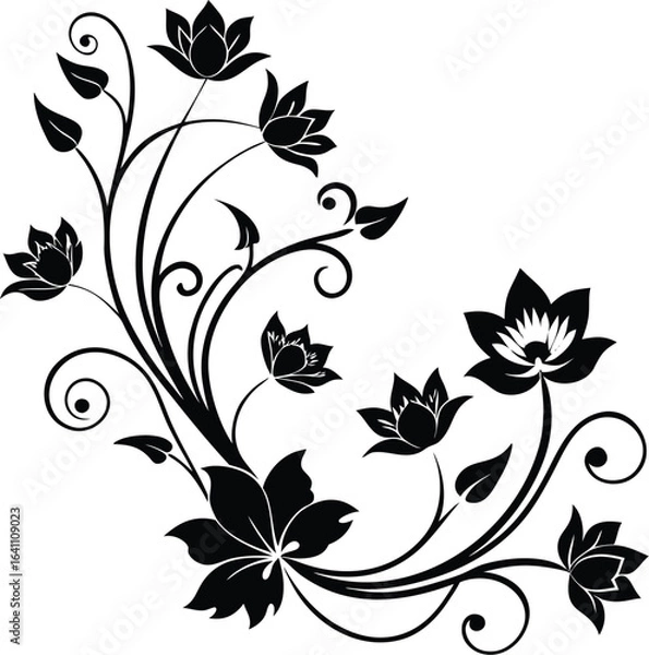 Fototapeta Vector art of artistic black floral motif with blooming lotus flowers and decorative swirls, isolated on a white background