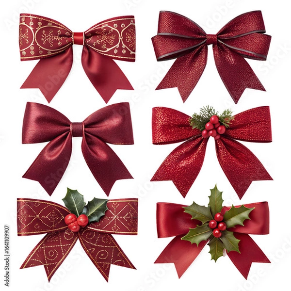 Fototapeta A shiny set of red satin Christmas bows with festive ribbons and decorative knots