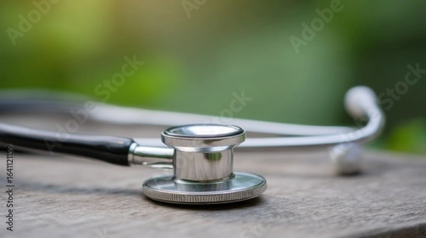 Fototapeta A stethoscope lies on a wooden surface with its metal tubing curving around the edge and the diaphragm in sharp focus,