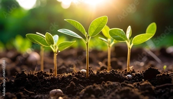 Fototapeta Sprouting seedlings in fertile soil