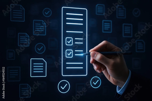 Obraz Digital checklist hand pen documents approval technology organization task management business