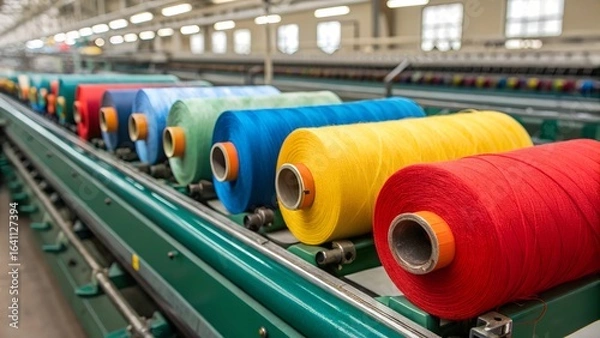 Fototapeta Captivating close-up of colorful yarn spools moving in a textile factory.