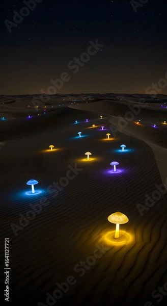 Fototapeta Luminous Mushroom Fungi in a Desert at Night