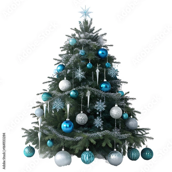 Fototapeta Festive Christmas tree decorated with colorful ornaments, shiny gold star, and presents wrapped in gifts underneath its branches