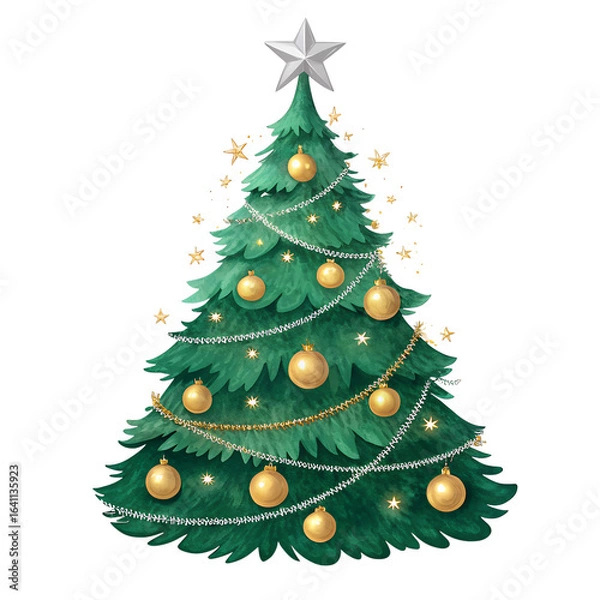 Fototapeta Christmas tree decoration with colorful balls and a star on top, isolated on a white background