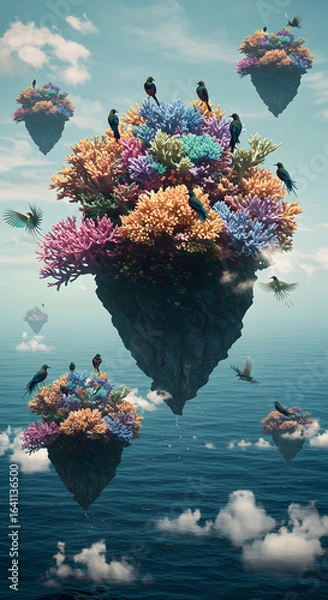 Fototapeta Floating Islands of Coral Reef and Flying Birds over the Ocean