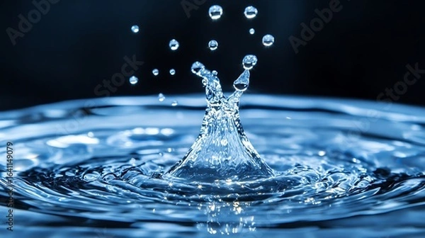 Fototapeta Water drop on water surface with ripples and waves, abstract background