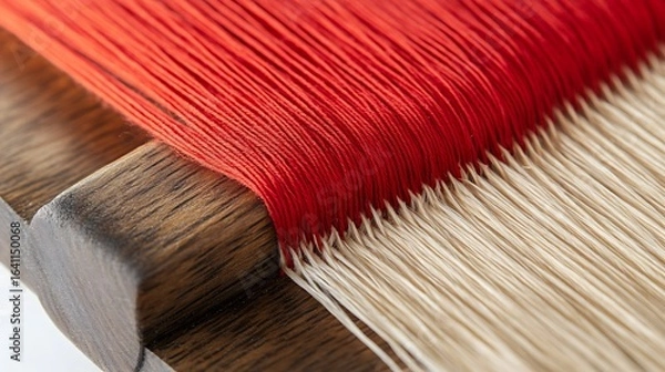 Fototapeta Weaving loom in a textile factory, closeup of photo