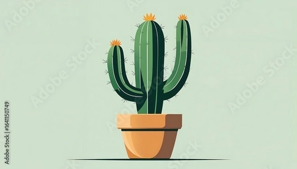 Fototapeta Minimalist cactus in pot, clean lines, two-tone green, desert vibe.