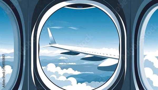 Fototapeta Minimalist flat vector airplane window view, circle frame, simple cloudscape.