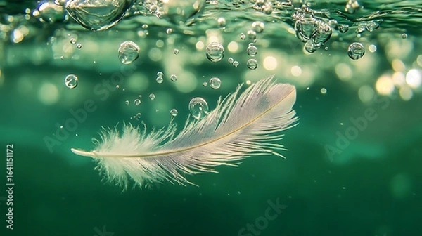 Fototapeta white feather with water drop on green bokeh nature background.