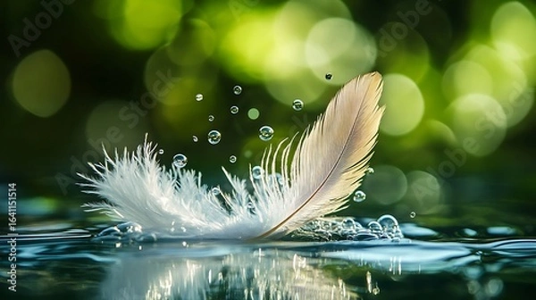 Fototapeta white feather with water drop on green bokeh nature background.