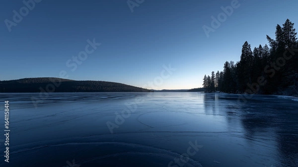 Fototapeta A beautiful lake in Sweden offers a stunning sunset, with vibrant colors reflecting off the still water. Lush trees frame the area, creating a tranquil atmosphere at dusk 