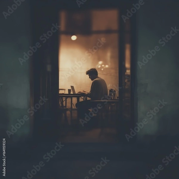 Fototapeta A person is working alone on a laptop in a dimly lit room, viewed through a window at night.