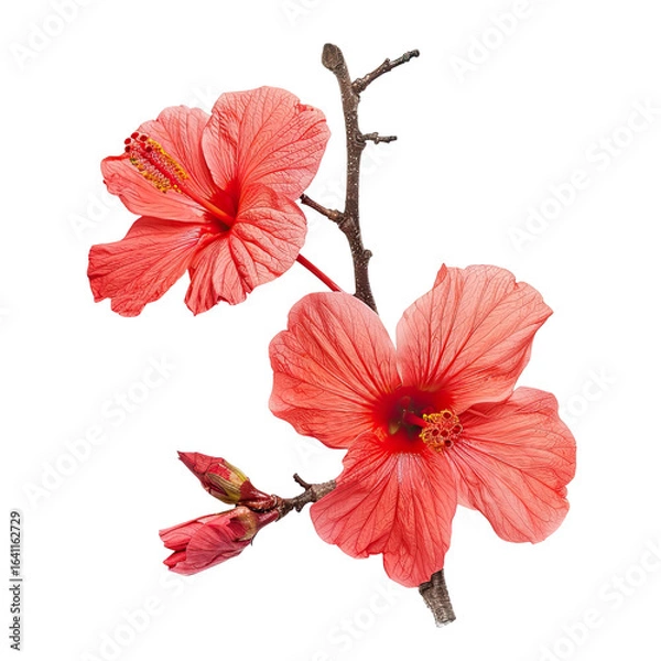 Obraz Close-up of two vibrant coral hibiscus flowers on a branch, with buds
